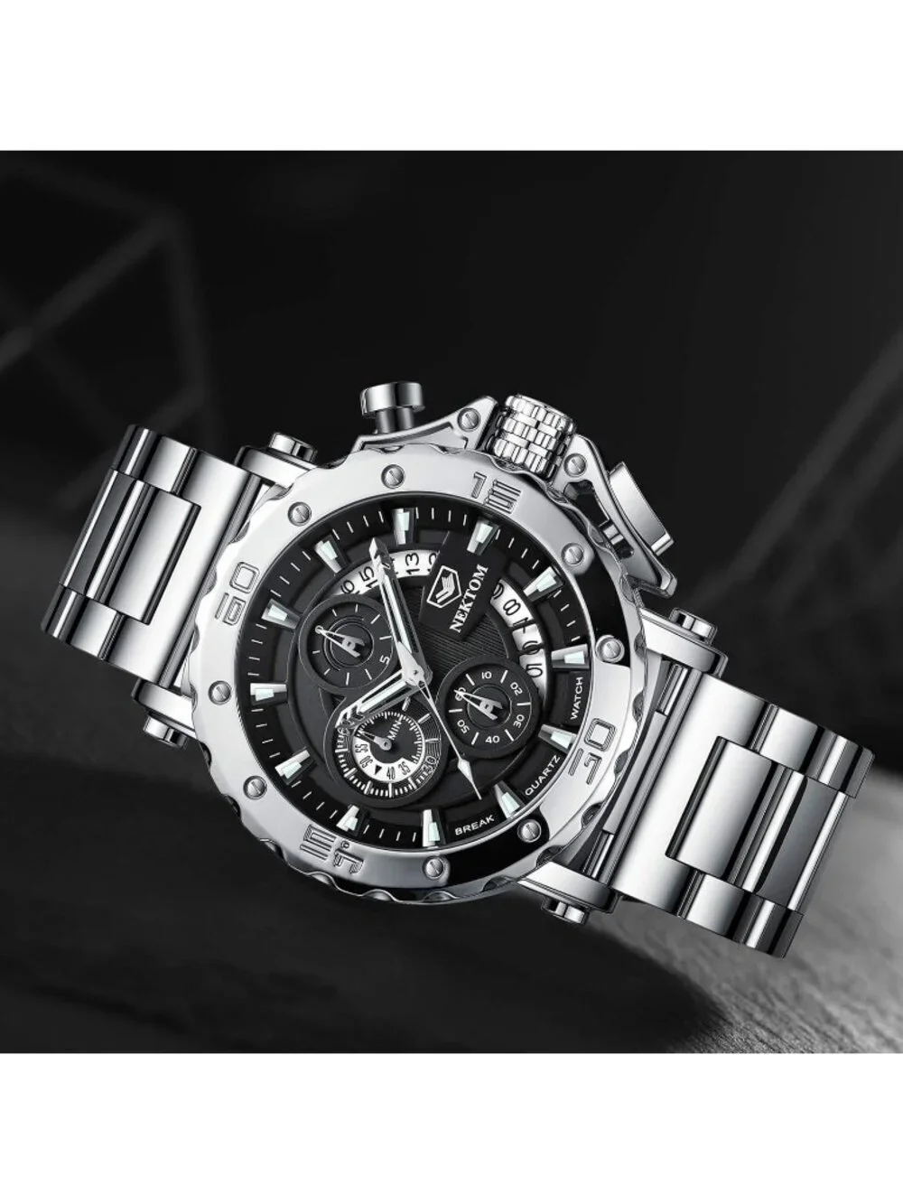 Men Silver Stainless Steel Analog Chronograph 3ATM Waterproof Luxury Wrist Watch